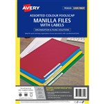 AVERY 88350 MANILLA FILE WITH 24 LASER TITLE LABELS FOOLSCAP 192GSM ASSORTED COLOURS PACK 20
