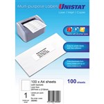 UNISTAT 38940 COPIERLASER LABEL 1SHT 297X210MM WITH SLIT WHITE PK100SHTS