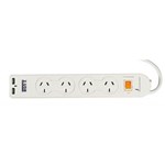 ITALPLAST I526 POWER BOARD 4 OUTLET WITH MASTER SWITCH SURGE OVERLOAD AND 2 X USB 240V 10A WHITE
